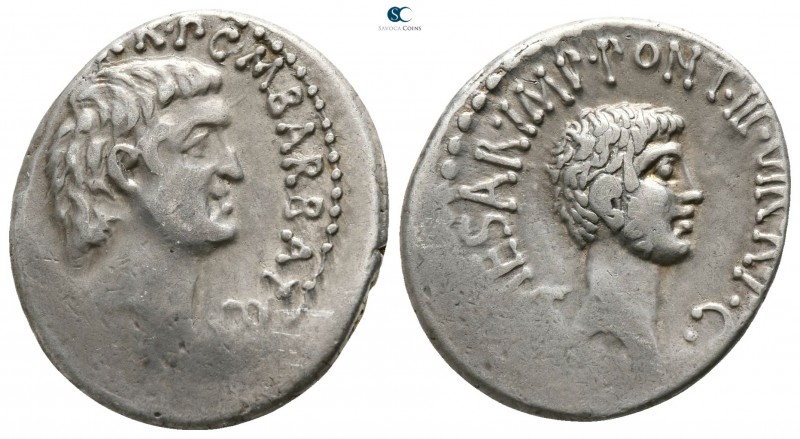 Marc Antony, Octavian, and M. Barbatius 41 BC. Military mint moving with M.Anton...