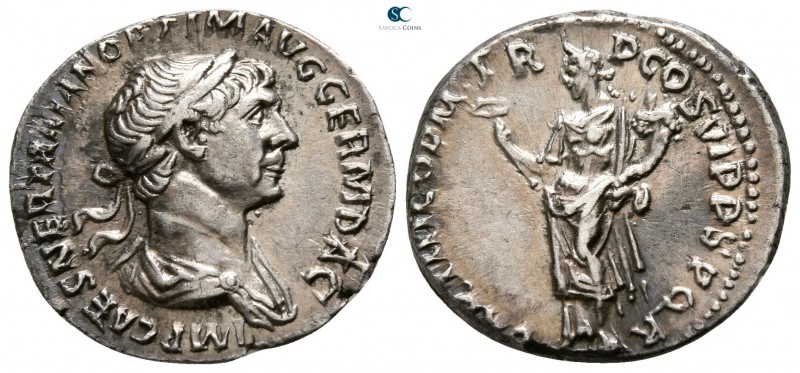 Trajan AD 98-117. Struck AD 115-116. Rome
Denarius AR

mm., g.

Laureate an...