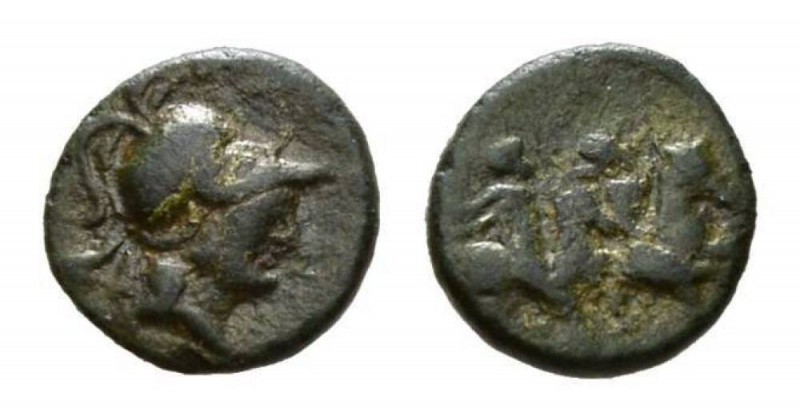 Apulia, Caelia Semuncia circa 220-150, Æ 11mm, 0.97 g. Helmeted head of Athena r...