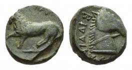 Apulia, Teate Bronze circa 325-275, Æ 16.5mm, 6.64 g.TIATI (retrograde) Lion walking left. Rev. BIΔAIT AKAΛI (retrograde) Head and neck of bridled hor...