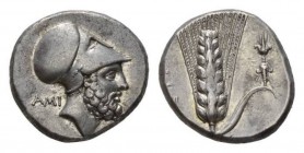 Lucania, Metapontum Nomos circa 340-330, AR 22mm, 7.84 g. Head of Leucippus right, wearing Corinthian helmet; behind, AMI. Rev. [META] Ear of barley w...