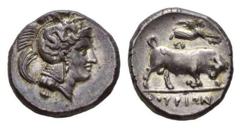 Lucania, Thurium Nomos circa 350-330, AR 22mm, 7.92 g. Head of Athena r., wearin...