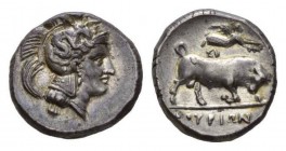 Lucania, Thurium Nomos circa 350-330, AR 22mm, 7.92 g. Head of Athena r., wearing helmet decorated with Scylla hurling stone. Rev. Bull butting r.; ab...