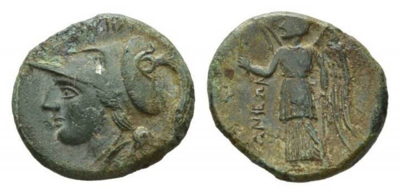 Bruttium, Hipponium Bronze circa 280-270, 22.5 mm, 6.66 g. Helmeted head of Athe...