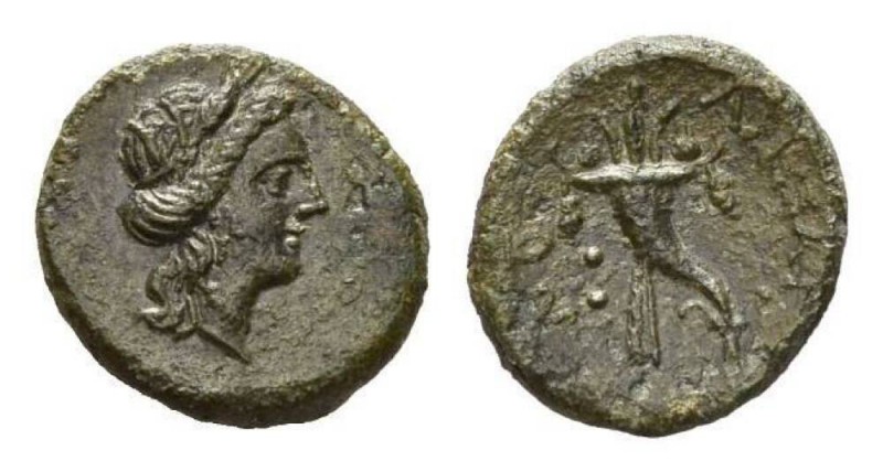 Sicily, Aetna Hexas circa 200-150, Æ 16.5mm, 3.13 g. Female head right. Rev. Cor...