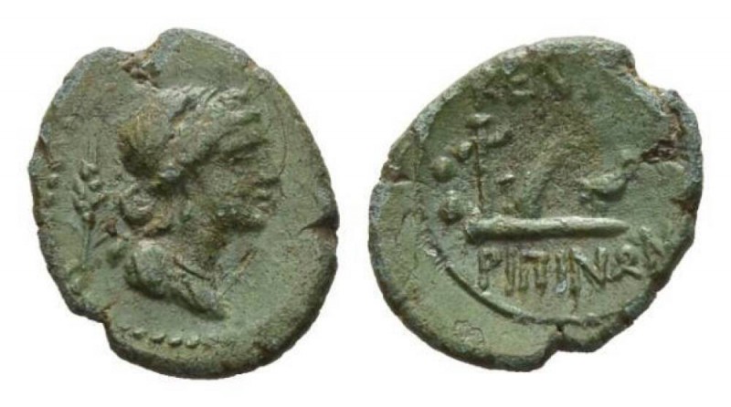 Sicily, Centuripae Hexas circa 211-200, Æ 16.5mm, 2.25 g. Head of Demeter right;...