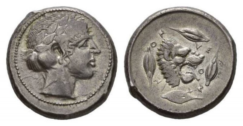 Sicily, Leontini Tetradrachm circa 455-440, AR 25.5mm, 17.51 g. Laureate head of...
