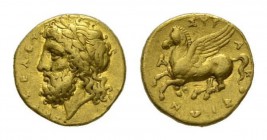 Sicily, Syracuse Hemidrachm 344-336, AV 12.5mm, 2.13 g. Laureate head of Zeus left Rev. ΣVRAKOΣION Pegasus flying left SNG ANS 493. Copenhagen 710.
 ...