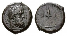 Sicily, Syracuse Litra circa 343-341, Æ 30.5mm, 32.38 g. Head of Zeus Eleutherios right. Rev. ΣYMMAXIKON Lighted torch between two slaks of barley. Ca...