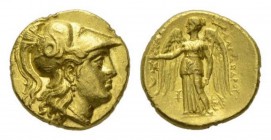 Alexander III, 336-323 and posthumous issues Stater, Babylon 311-305, AV 18mm, 8.56 g. Head of Athena right, wearing crested Corinthian helmet, bowl d...
