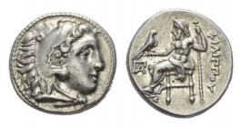 Kingdom of Macedonia. Philip III, 323-317 Drachm, Colophon circa 323-319, AR 17.5, 4.26 g. Head of young Heracles right, wearing lion’s skin. Rev. ΦIΛ...