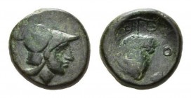 Locris Bronze, circa 3rd century BC Æ 14mm, 3.37 g. Helmeted head of Athena right. Rev. Bunch of grapes hanging from stalk with tendrils, to left Λ, t...