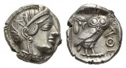 Attica, Athens Tetradrachm circa 465, AR 24.5mm, 17.09 g. Head of Athena right, wearing crested Attic helmet decorated with spiral palmette and three ...