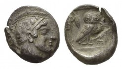Attica, Athens Didrachm circa 465, AR 8.41 g. Head of Athena right, wearing crested helmet, earring and necklace; bowl ornamented with spiral and thre...