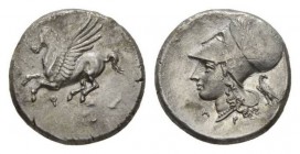 Corinthia, Corinth Stater circa 338-330, AR 22.5mm, 8.40 g. Pegasus flying left; below, q. Rev. Head of Athena left, wearing wreathed Corinthian helme...