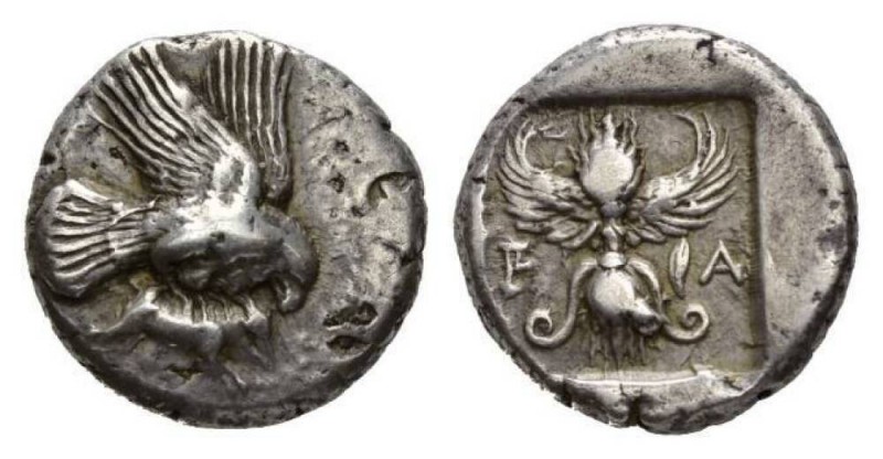 Elis, Olympia Stater circa 440-430, AR 23.5mm, 12.31 g. Eagle flying right, hold...