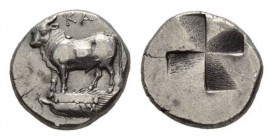 Bythinia, Calchedon Drachm circa mid IVth century BC, AR 17.5mm, 5.33 g. Bull on corn-ear left; above, KAΛ. Rev. Quadripartite incuse square. SNG Cop....