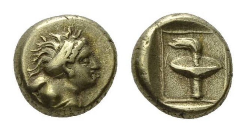 Lesbos, Mytilene Hecte circa 377-326, EL 11mm, 2.51 g. Bust of Maenad right, hea...