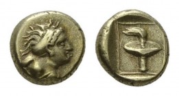 Lesbos, Mytilene Hecte circa 377-326, EL 11mm, 2.51 g. Bust of Maenad right, head thrown back; hair in sphendone. Rev. Race torch within square frame....