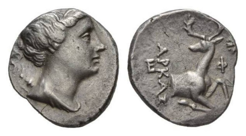 Ionia, Ephesus Didrachm circa 258-202, AR 19mm, 6.41 g. Bust of Artemis wearing ...