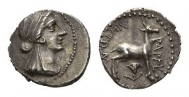 Caria, Bargylia Drachm circa II-I century BC, AR 15.5mm, 2.16 g. Veiled head of Artemis Kindyas right Rev. Stag standing right; below, rose. SNG Keckm...