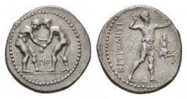 Pamphylia Aspendos, Stater circa 380-330 AR 26mm, 10.40 g. Two wrestlers grappling; below, ΠO. Rev. ΕΣΤΦΕΔΙΙΥΣ Slinger to right; in field right, proto...