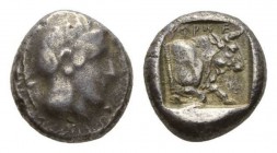 Dynasts of Lycia Stater circa 410-390, AR 17.5mm, 8.51 g. Helmeted head of Athena right. Rev. Forepart of bull right. Hurter INJ vol. 14, pl. 2, 8.
...