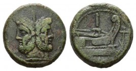 Anchor (first) series As circa 209-208, Æ 34mm, 41.22 g. Laureate head of Janus; above, mark of value. Rev. Prow right; above, mark of value. In r. fi...