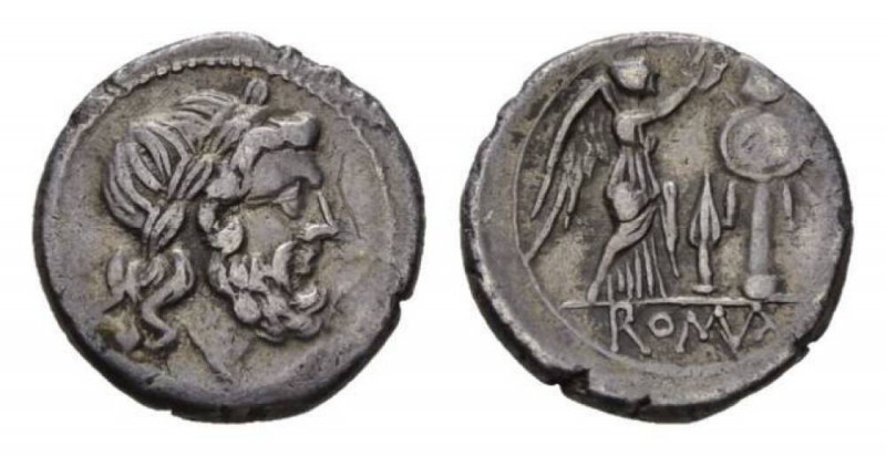Victoriatus, South East Italy circa 211-210, AR 17.5mm, 3.14 g. Laureate head of...