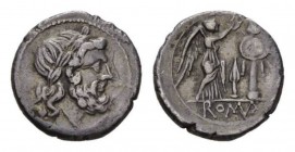 Victoriatus, South East Italy circa 211-210, AR 17.5mm, 3.14 g. Laureate head of Jupiter r. Rev. Victory crowning trophy; in field, spearhead upright ...