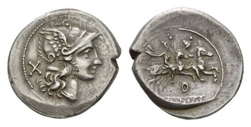 D series Denarius, uncertain mint circa 199-170, AR 3.52 g. Helmeted head of Rom...