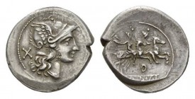 D series Denarius, uncertain mint circa 199-170, AR 3.52 g. Helmeted head of Roma right; behind, X. Rev. The Dioscuri galloping right; below, D and in...