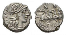 Cn. Lucretius Trio.Denarius 136, AR 17.5mm, 3.95 g. Helmeted head of Roma right; below chin, X and behind, TRIO. Rev. Dioscuri galloping right, below,...