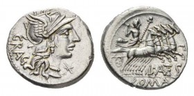 L. Antestius Gragulus. Denarius 136, AR 3.20.55mm 3.94 g. Helmeted head of Roma right; below chin, *. Behind, GRAG. Rev. Jupiter in prancing quadriga ...
