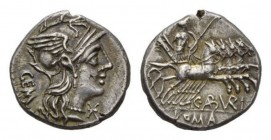 C. Aburius Gem. Denarius 134, AR 18.5mm, 18.5mm, 3.97 g. Helmeted head of Roma r.; below chin, * and behind, GEM. Rev. Mars in quadriga right, holding...