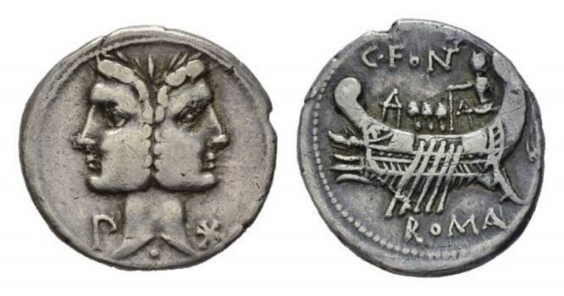 C. Fonteius Denarius 114 or 113, AR 20mm, 3.81 g. Laureate Janiform head of Dios...