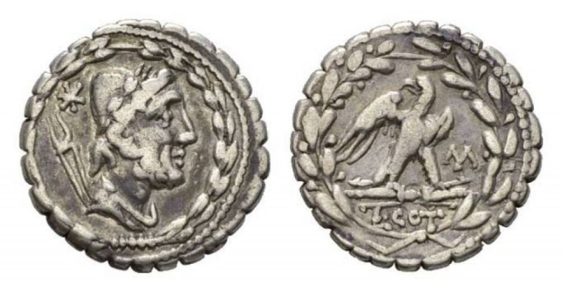 L. Aurelius Cotta Denarius serratus 105, AR 18.5mm, 3.79 g. Draped bust of Vulca...