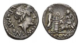 L. Pomponius Molo. Denarius 97 (?), AR 17mm, 3.97 g. L·POMPON·MOLO Laureate head of Apollo right. Rev. Numa Pompilius holding lituus behind lighted al...
