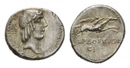 L. Piso Frugi. Denarius 90, AR 18.5mm 3.96 g. Laureate head of Apollo right; behind, symbol. Rev. Horseman galloping right, holding palm branch in upr...