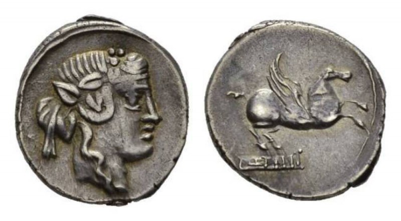 Q. Titius Denarius 90, AR 17mm, 3.84 g. Ivy-wreathed head of Bacchus right. Rev....
