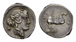 Q. Titius Denarius 90, AR 17mm, 3.84 g. Ivy-wreathed head of Bacchus right. Rev. Pegasus prancing right; below, Q·TITI in linear frame. Crawford 341/2...