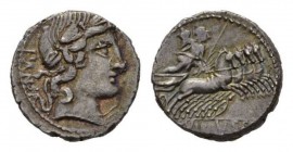 C. Vibius C.f. Pansa Denarius 90, AR 18.5mm, 3.96 g. PANSA Laureate head of Apollo right; below chin, A. Rev. Minerva in fast quadriga right, holding ...