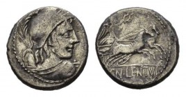 Cn. Cornelius Lentulus Denarius 88, AR 18mm, 3.61 g. Helmeted bust of Mars right, with spear over l. shoulder and sword over r. Rev. Victory in biga r...