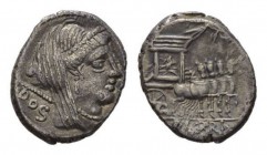 L. Rubrius Dossenus Denarius 87, AR 16mm, 3.80 g. Veiled and diademed head of Juno right, with sceptre on l. shoulder; behind, DOS. Rev. Triumphal cha...