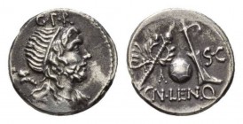 Cn. Cornelius Lentulus Denarius, Spain (?) 76-75, AR 19.5mm, 3.68 g. Draped bust of the Genius Populi Romani right, hair tied with band and sceptre ov...