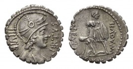 Mn. Aquillius Mn. f. Mn. n. Denarius 65, AR 18.5mm, 3.90 g. VIRTVS III VIR Helmeted bust of Virtus right. Rev. MN AQVIL-MN F MN N The consul Manius Aq...