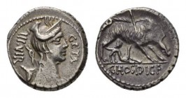 C. Hosidius C.f. Geta Denarius 68, AR 17mm, 4.12 g. III·VIR – GETA Diademed and draped bust of Diana right, with bow and quiver over shoulder. Rev. Bo...