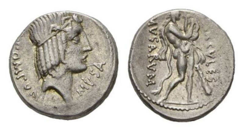 Q. Pomponius Musa. Denarius 66, AR 17.5mm, 4.08 g. Laureate head of Apollo right...