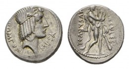 Q. Pomponius Musa. Denarius 66, AR 17.5mm, 4.08 g. Laureate head of Apollo right; behind, scroll. Rev. HERCVLES – MVSARVM Hercules standing right, wea...