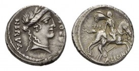A. Licinius Nerva. Denarius 47, AR 18mm, 3.92 g. FIDES – NERVA Laureate head of Fides right. Rev. III – VIR Horseman galloping right, with r. hand dra...